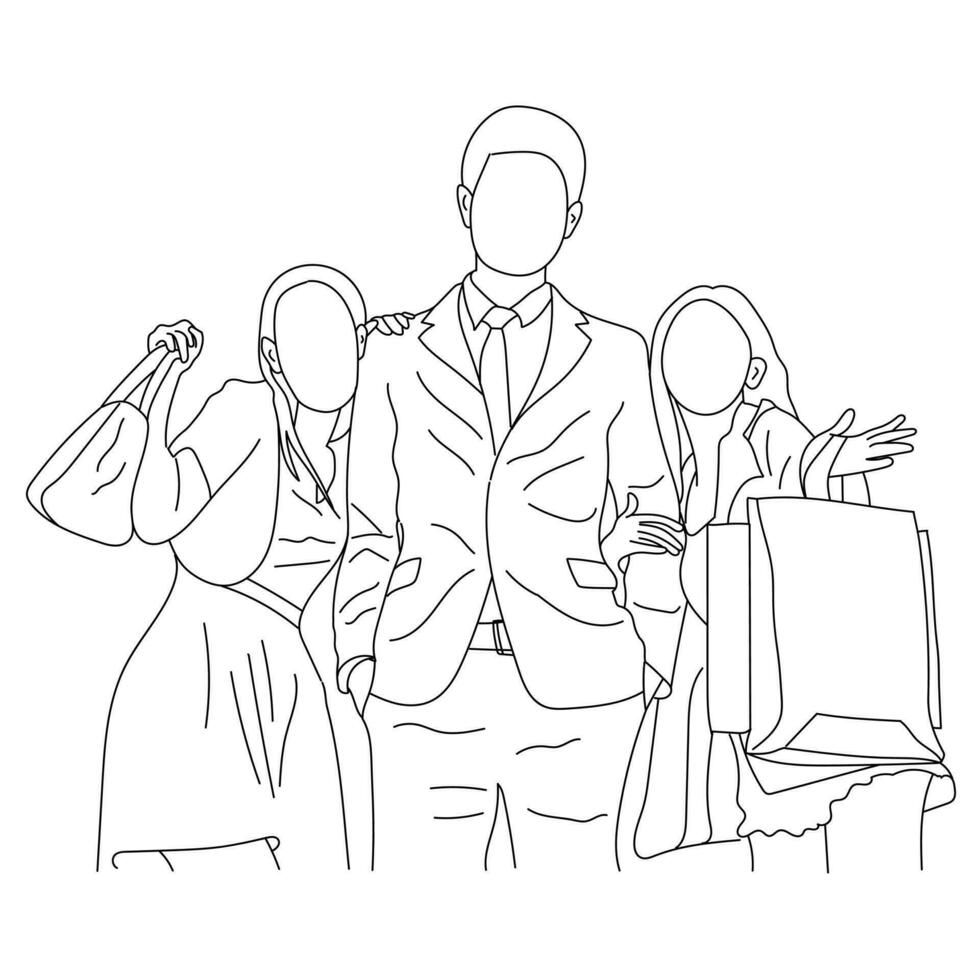 Group of friends enjoying the shopping together Line art isolated on a white background. vector