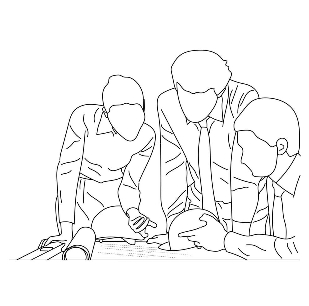 Line art of discussing construction projects in a meeting room isolated on a white background. vector