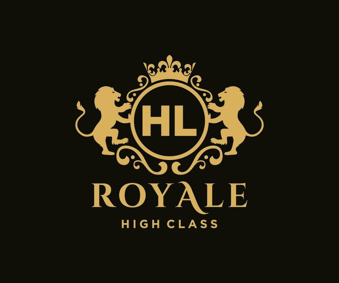 Golden Letter HL template logo Luxury gold letter with crown. Monogram alphabet . Beautiful royal initials letter. vector
