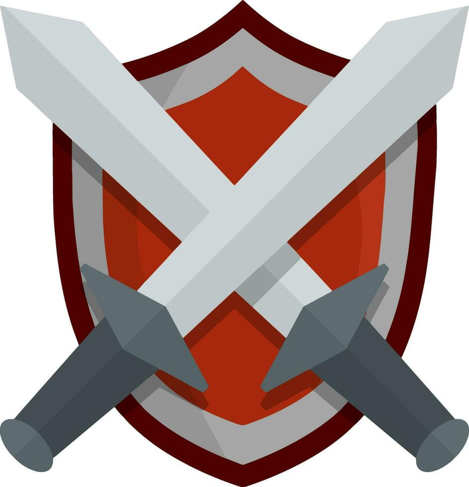 Medieval heraldic coat of arms. Cartoon flat illustration. Defense and protection. Old weapons and armor of knight and warrior. Grey guard shield and crossed sword vector