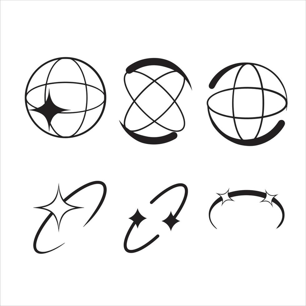 Y2K stars, starburst and retro futuristic graphic set. Collection of Trendy brutal rounded ring collection vector