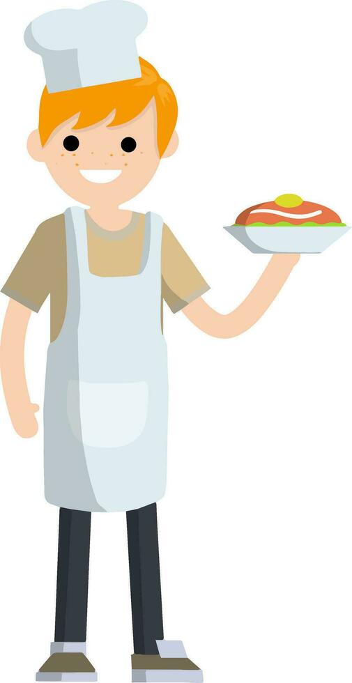 Chef in white apron and cap with plate of food. Work in cafes and restaurant. Kind of profession. The man cooked meal on dish. Cartoon flat illustration vector