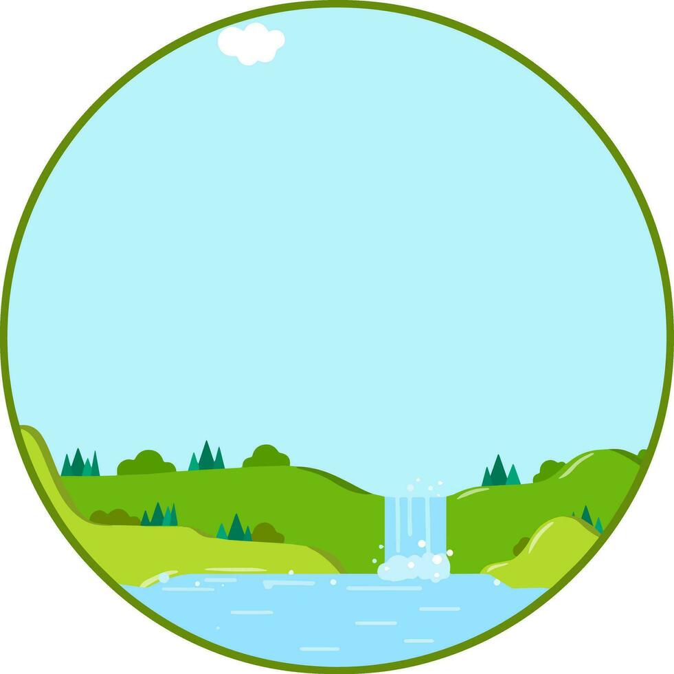 Natural landscape in the logo circle. Waterfall and pond with green hill and forest. Summer view. A place for tourist recreation. Cartoon flat illustration vector