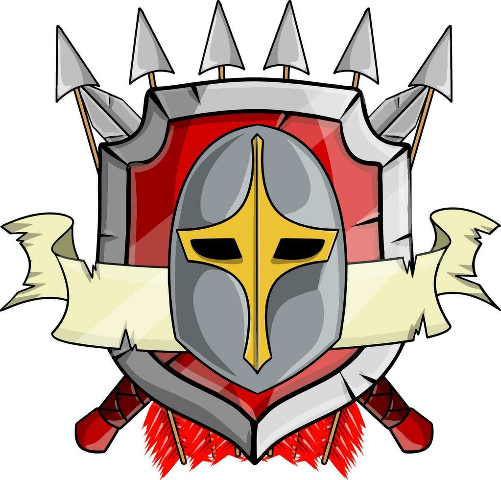 Heraldic coat of arms of medieval knight. Metal weapons and armor. Cartoon illustration. Red shield with helmet, arrow, ribbon and crossed sword vector