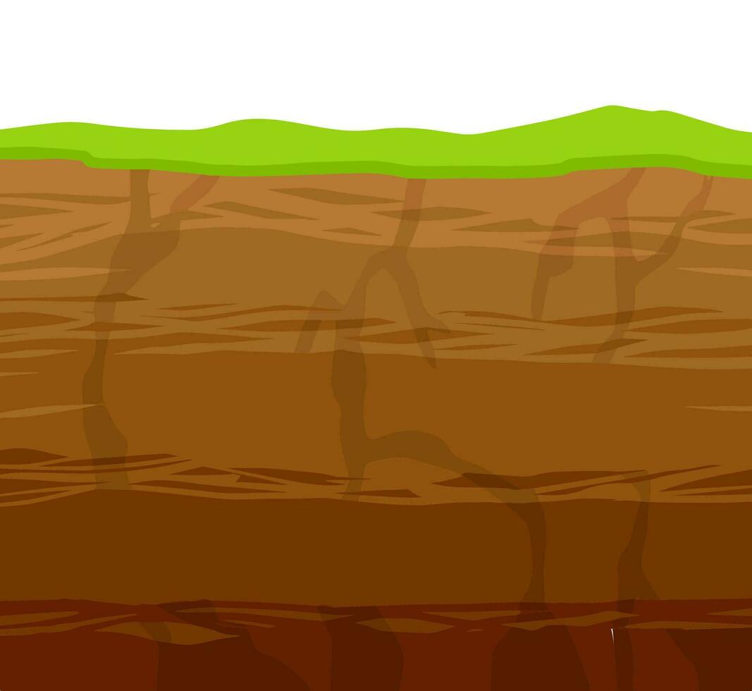 Land in the section. Archaeological scenery. Brown ground. Dirt clay and green grass. Vector cartoon. Underground background. Geological layer