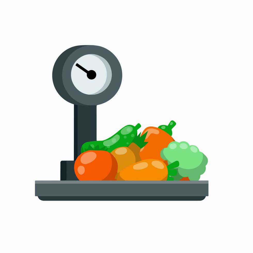 Vegetables on the scales. Shopping in a grocery store. Weighing of farm products. Decoration for the store and counter. vector