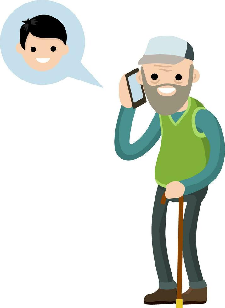Grandfather call grandson on phone. Talk old Senior man and boy. Cartoon flat illustration. Communication generations. Family and friendship. Cane and glasses. Lifestyle and pastime of elder pensioner vector