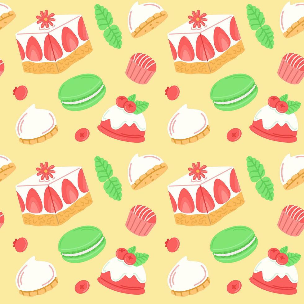 Vector seamless pattern with cake, berries and sweets.