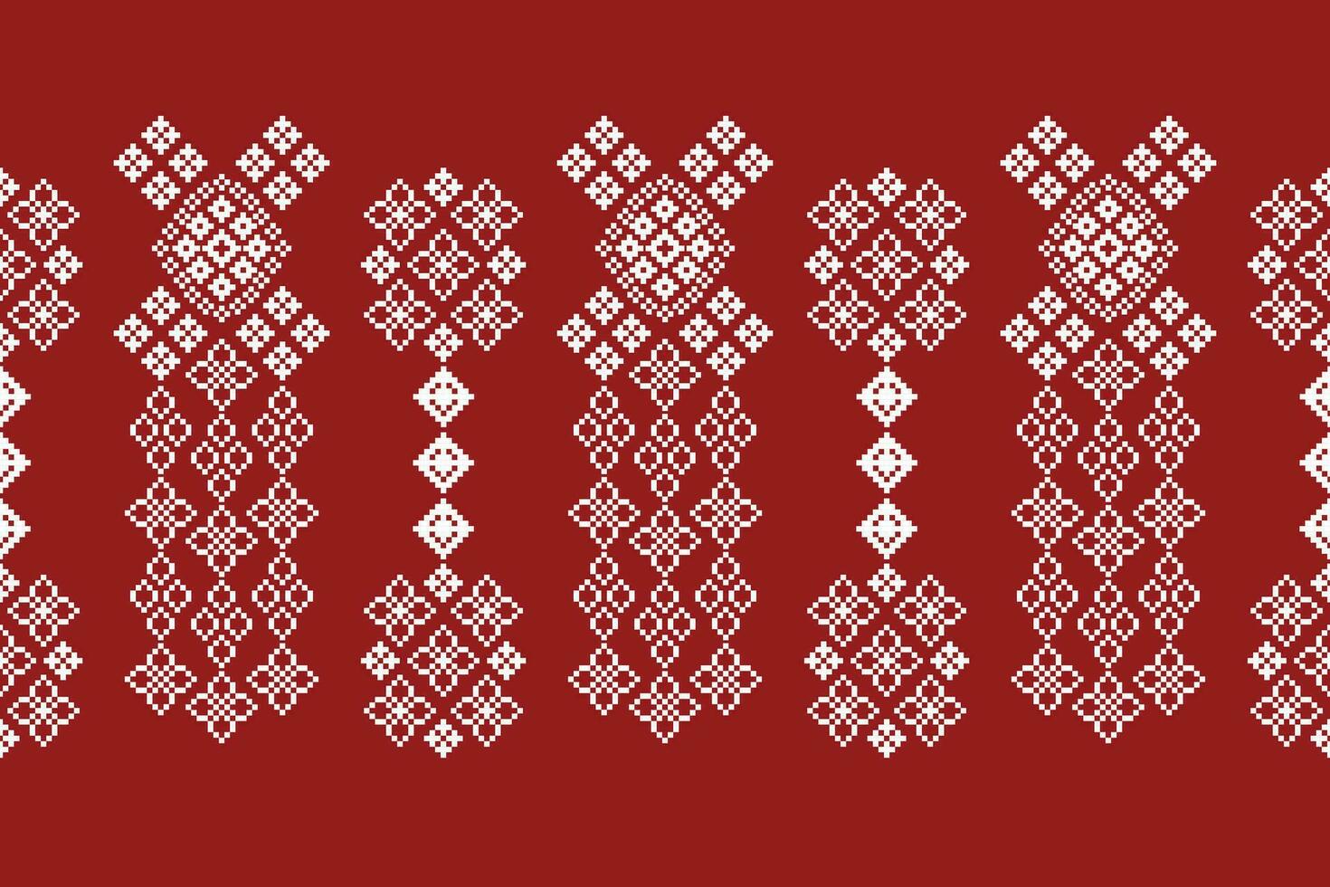 Ethnic geometric fabric pattern Cross Stitch.Ikat embroidery Ethnic oriental Pixel pattern red background. Abstract,vector,illustration. Texture,clothing,frame,decoration,motifs,silk wallpaper. vector