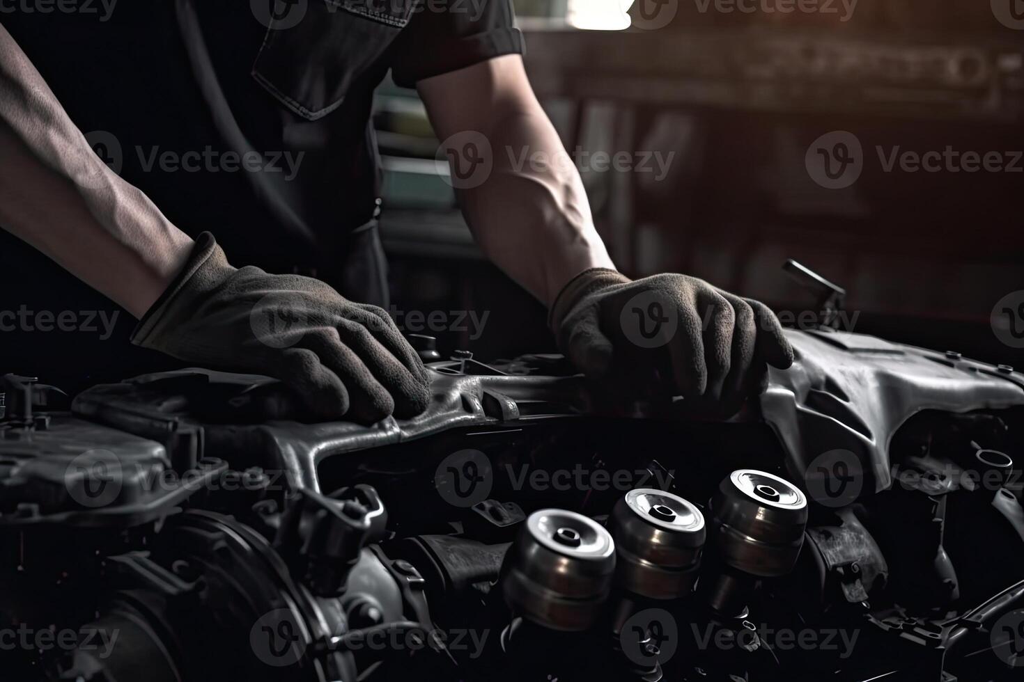 Professional mechanic working in auto repair shop. Car service and maintenance concept. photo