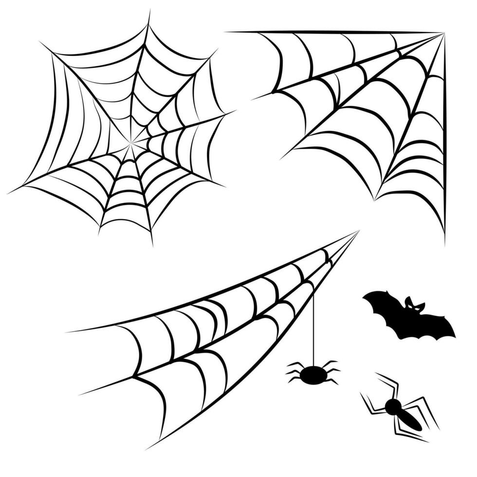 Set of spider web for halloween design. Web with spiders and a bat. vector