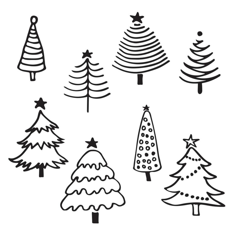 Set of christmas tree doodle illustration. Hand drawn sketch line vector. vector