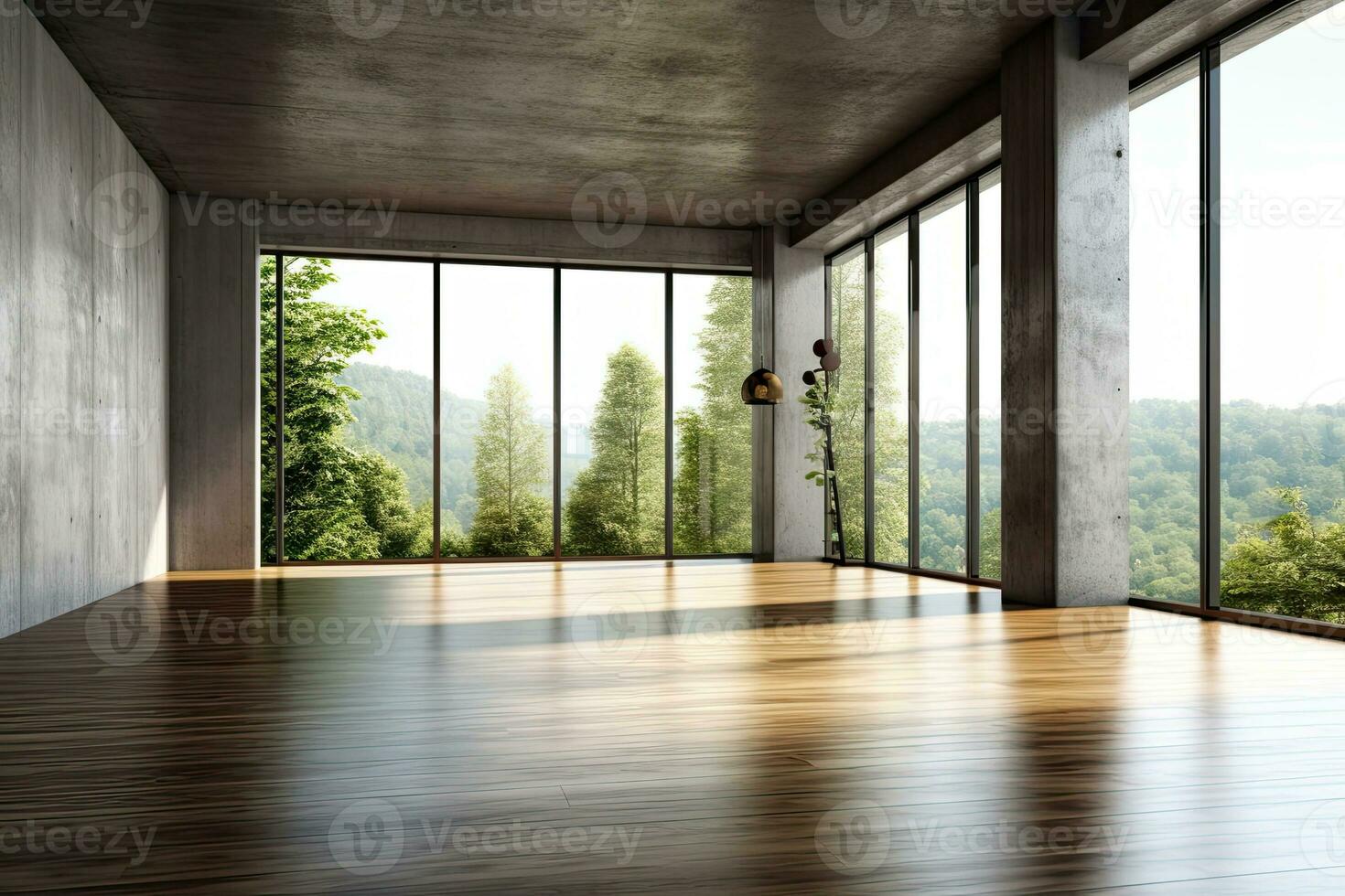 Empty room with panoramic window and mountain view. Generative AI photo