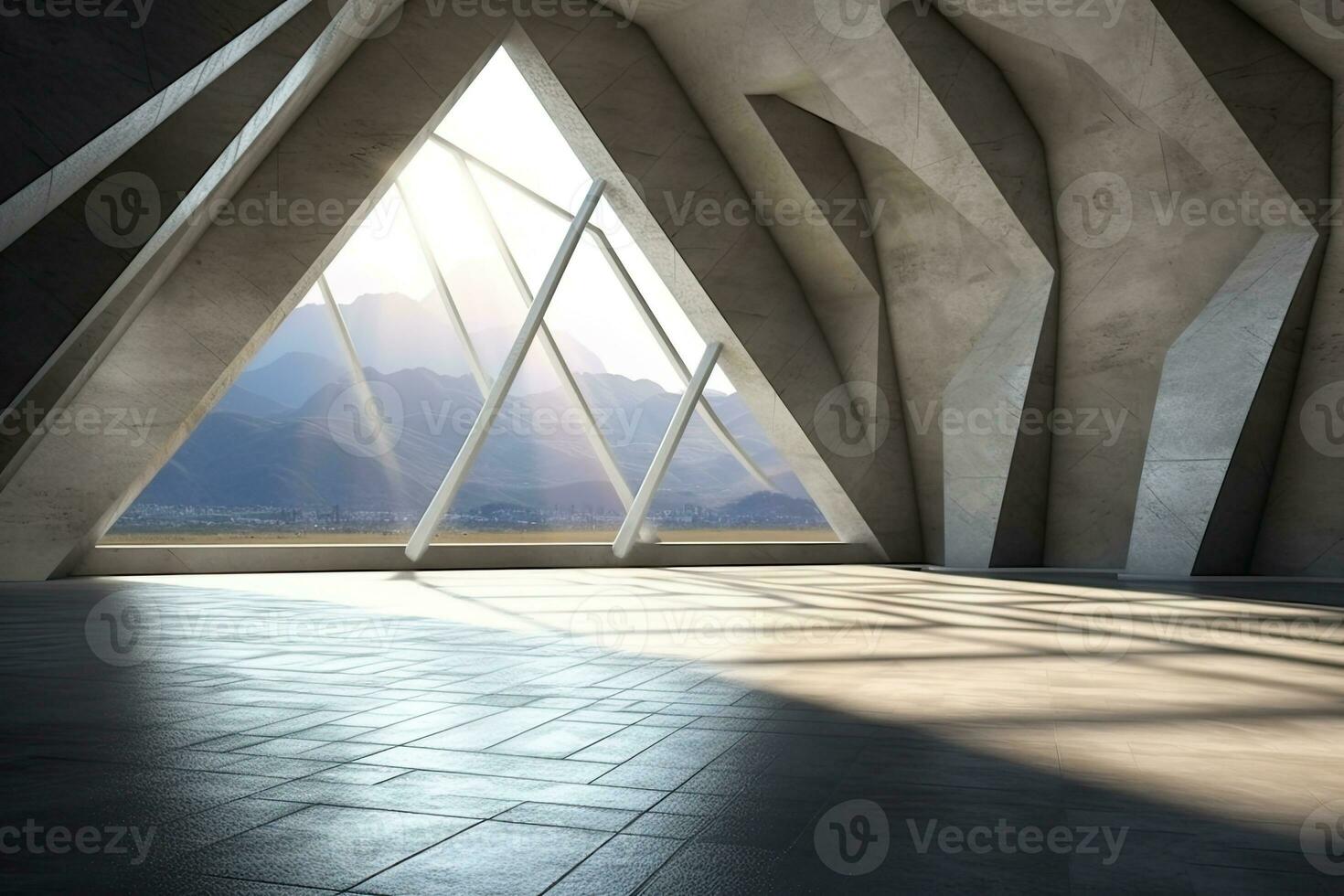 architecture empty room with window and mountain background with sunlight. Generative AI photo