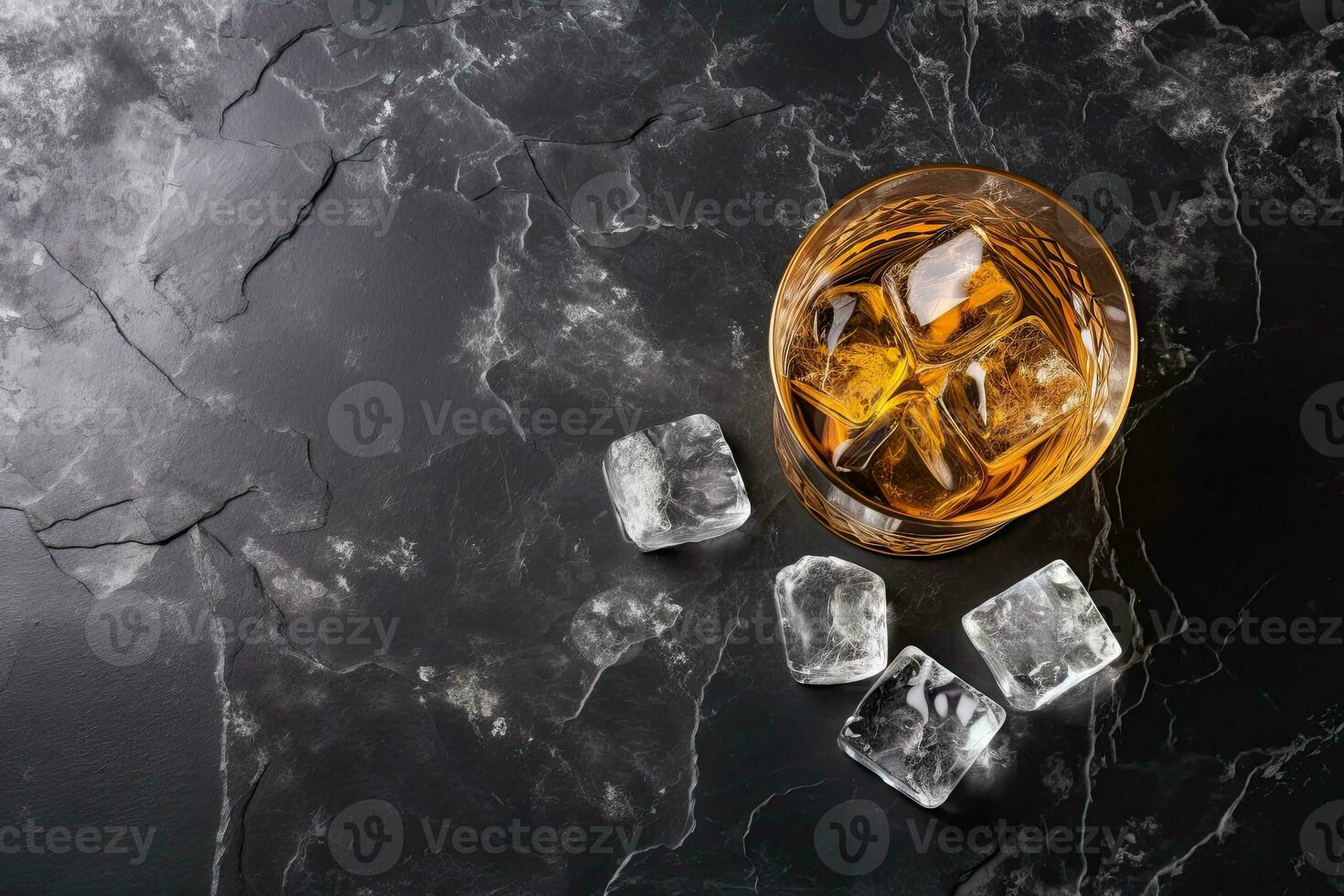 Whiskey with ice cubes on black marble background, top view.  Generative AI photo