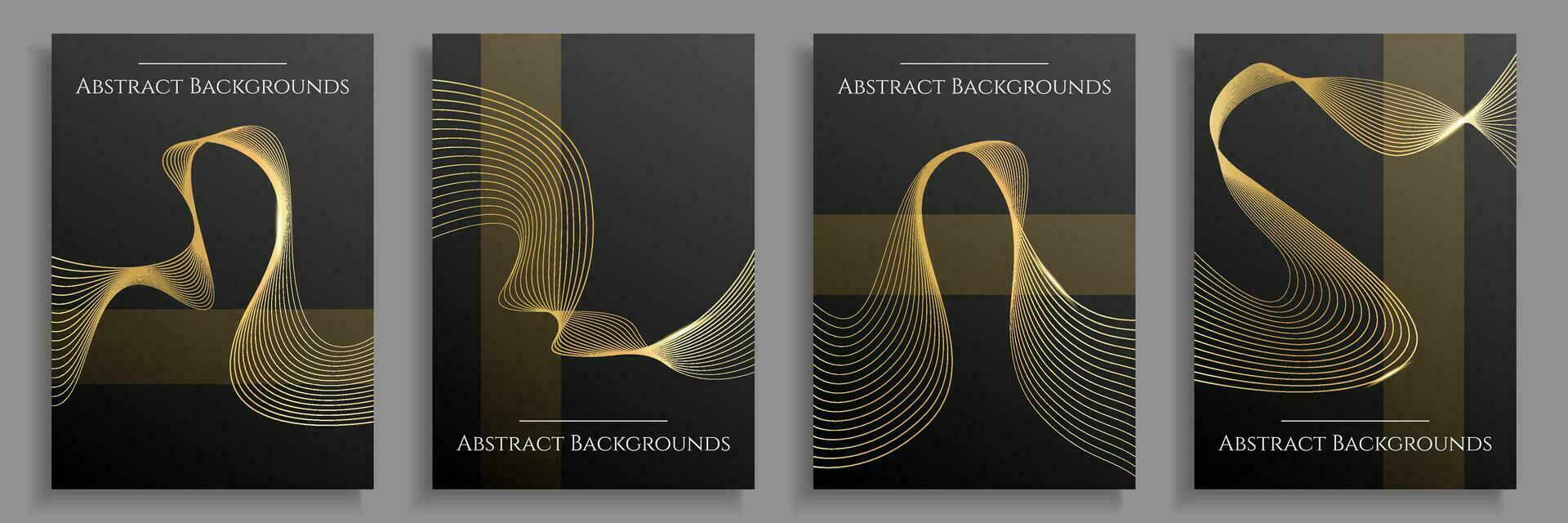 Set of four luxury abstract business posters, templates, black backgrounds with golden lines. Vector art, blank printable covers.