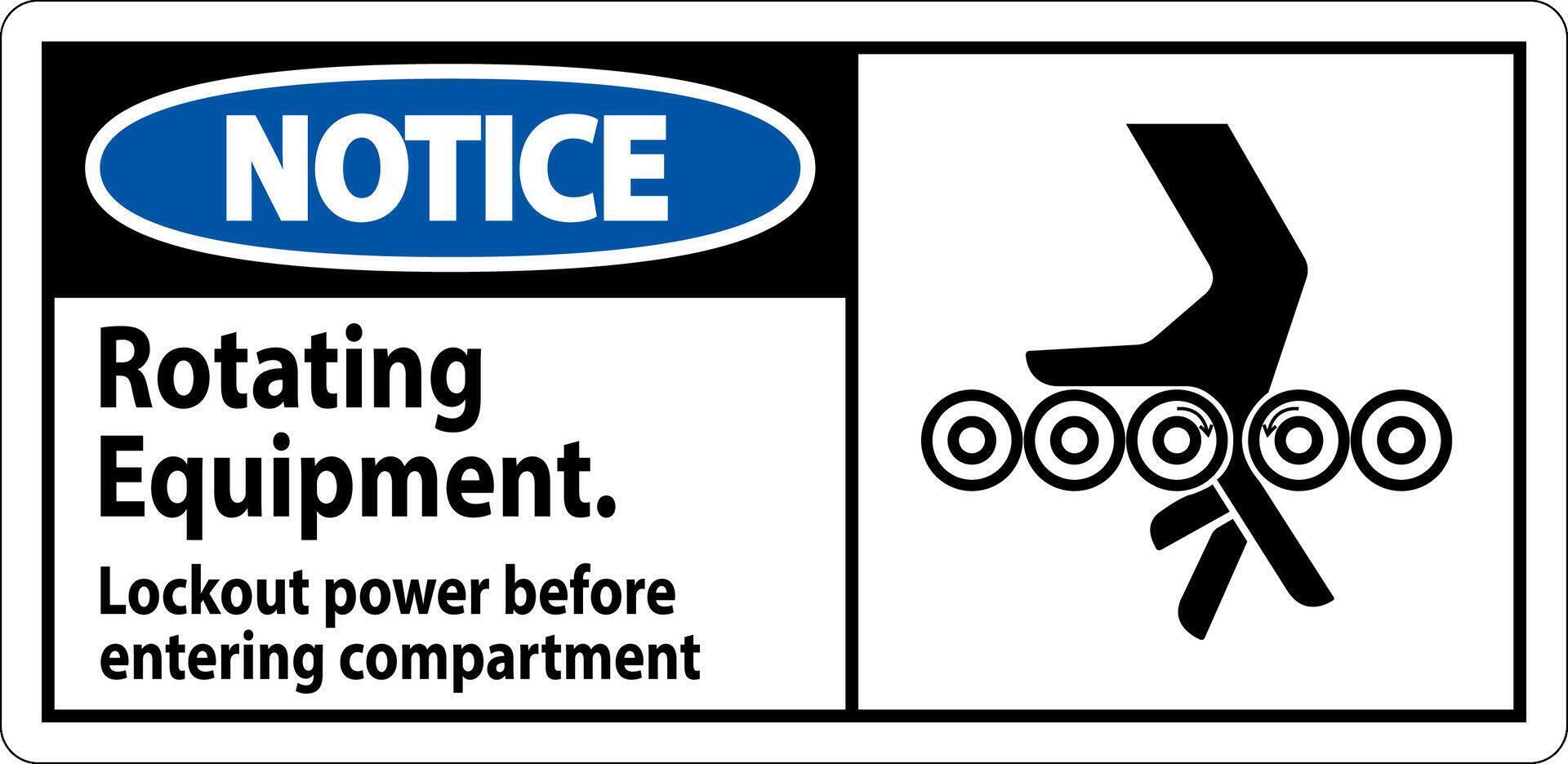 Notice First Sign, Rotating Equipment, Lockout Power Before Entering Compartment vector