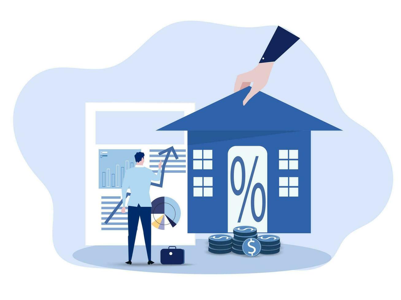 Businessman looking info for invest in real estate or housing price rising up concept. vector illustration.