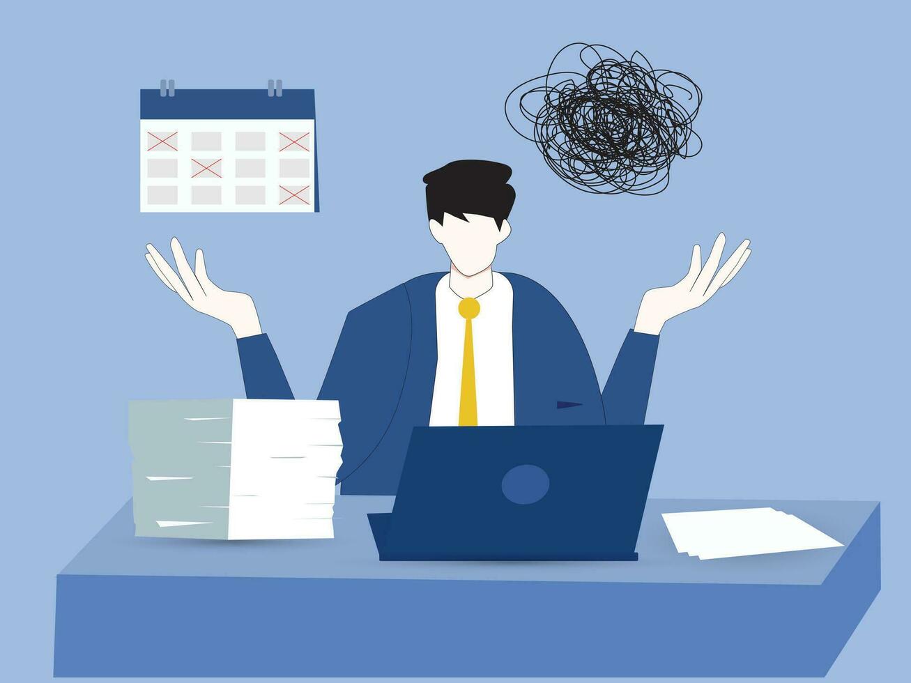 businessman overworked at office desk. Man fatigue with headache concept vector illustrator.