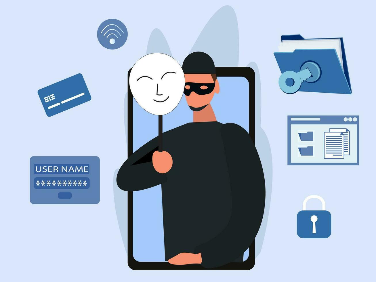 hacker criminal con máscara de amigos por hackear en la pantalla del teléfono móvil robando dinero, crimen cibernético, robo de datos personales, contraseña, ilustración de vector plano de tarjeta de crédito.