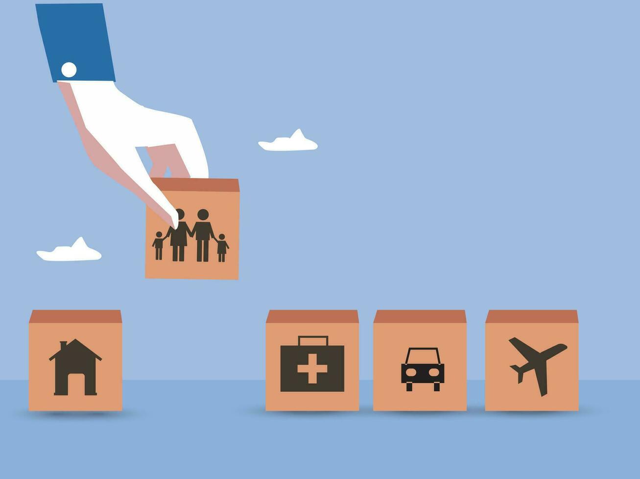 Wooden blocks with icons of various types of insurance. Life insurance concept. vector illustration.