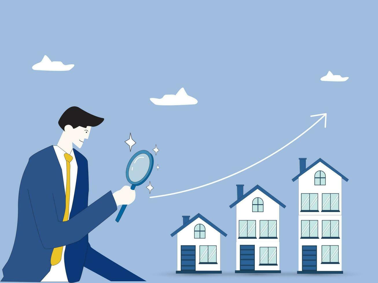 businessman investor with telescope for Real estate and housing investment opportunity, property growth forecast or vision, price rising up concept. vector illustration.