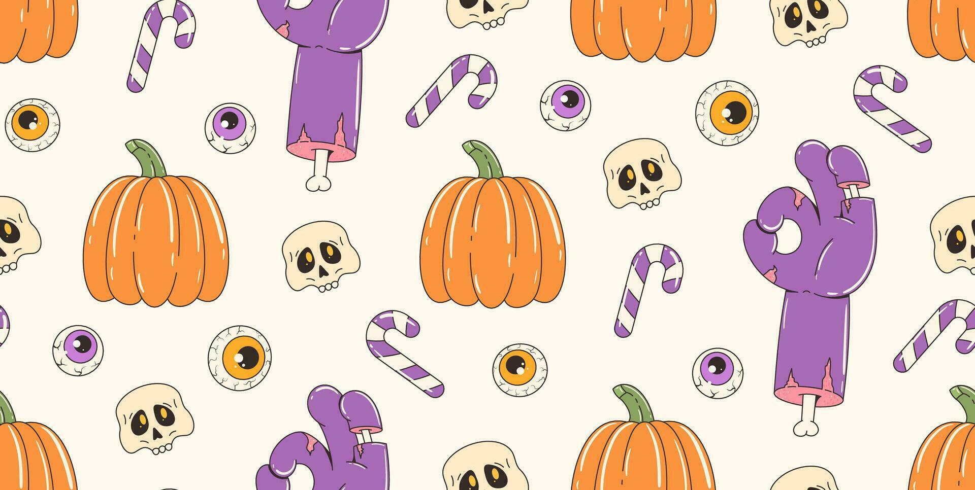 Colorful seamless pattern on halloween theme. Retro cartoon elements and characters. Zombie hand, pumpkin, candy, skull. Contemporary vector background.
