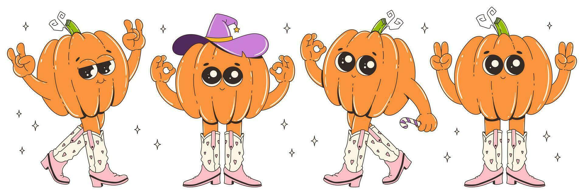 Groovy retro halloween characters. Funky cool pumpkins in cowboy boots. Happy Halloween. Trendy retro cartoon style vector illustration.