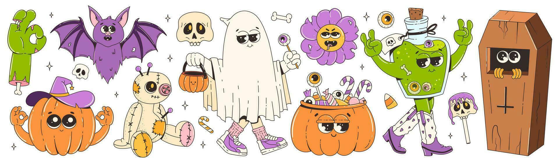 Groovy retro halloween set. Funky cartoon characters and elements.Coffin, potion, pumpkin, ghost, bat, voodoo doll. Happy Halloween. Trendy retro cartoon style vector illustration.