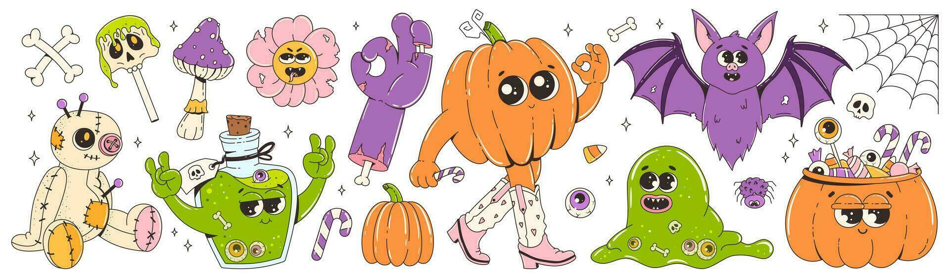 Groovy retro halloween set. Funky cartoon characters and elements. Zombie hand, slime, potion, pumpkin, bat, voodoo doll. Happy Halloween. Trendy retro cartoon style vector illustration.