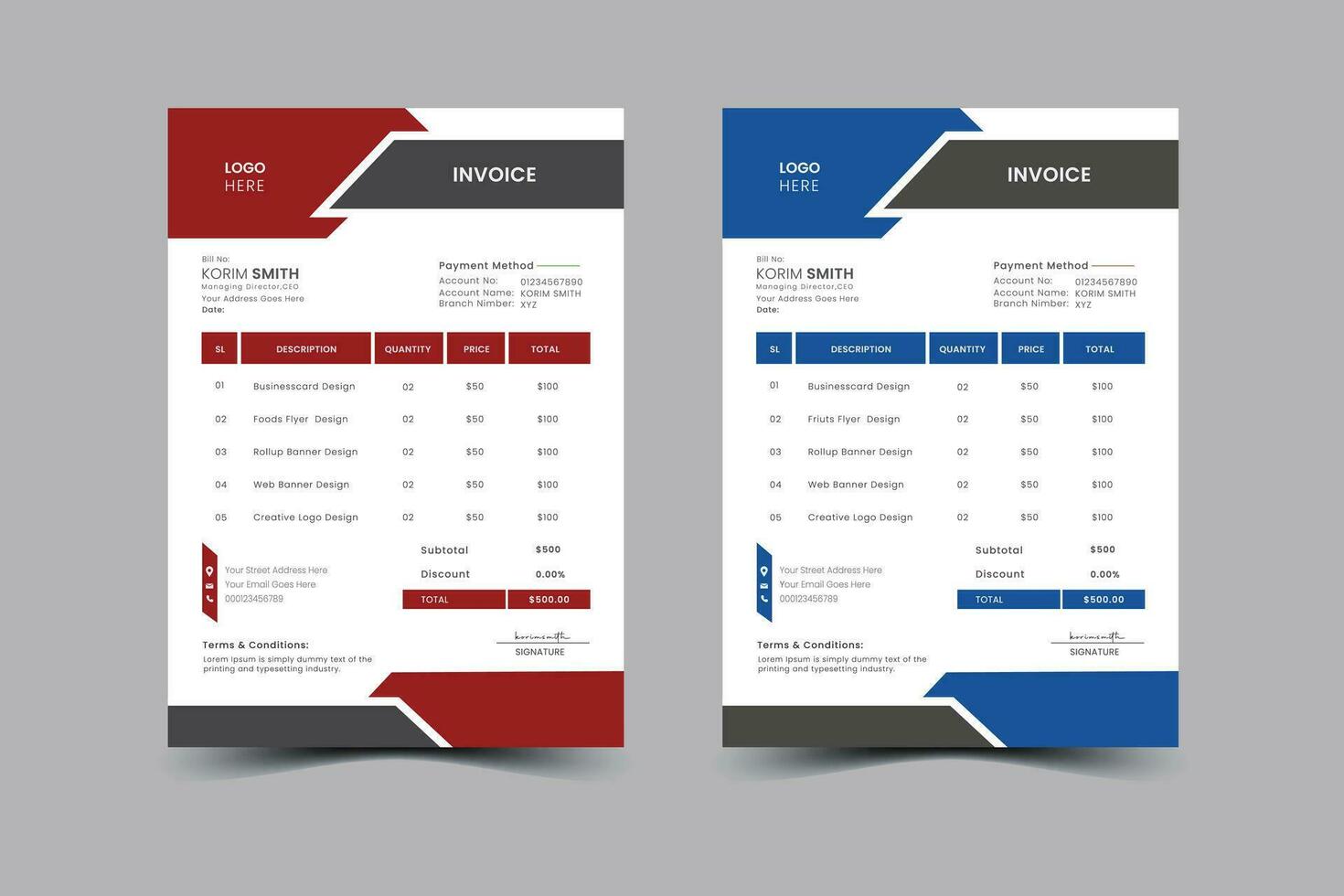 Minimal Corporate Business Invoice design for corporate office. Invoicing quotes, vector