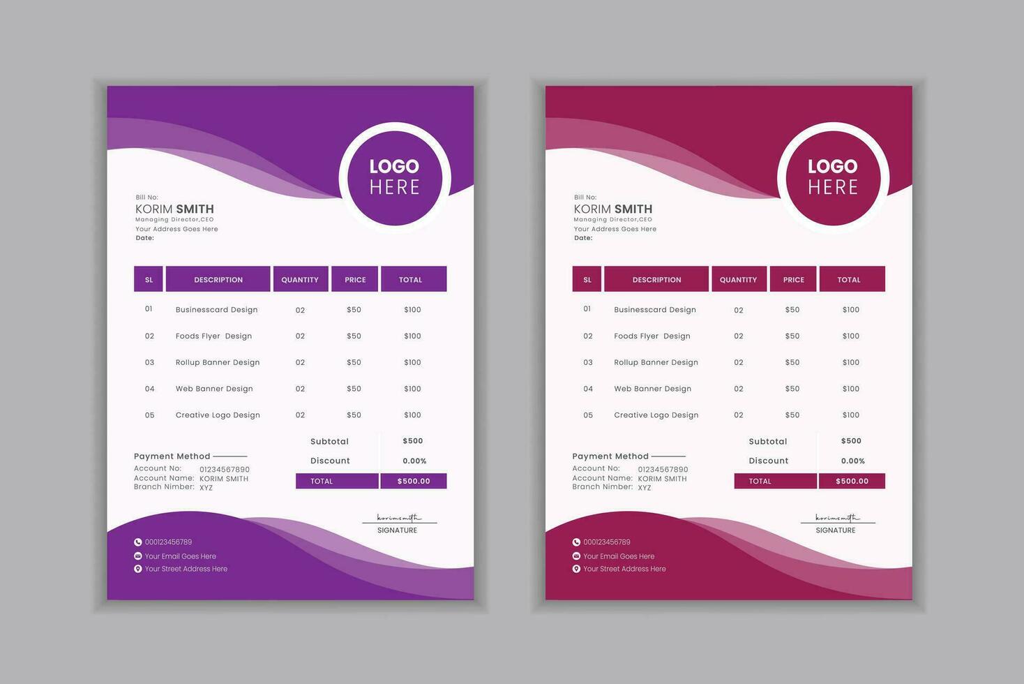 Minimal Corporate Business Invoice design for corporate office. Invoicing quotes, vector