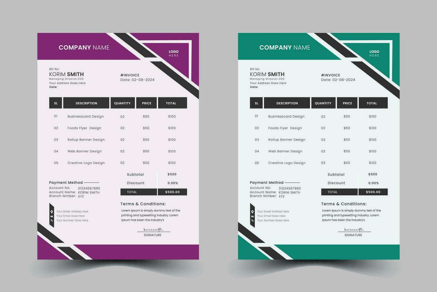 Minimal Corporate Business Invoice design for corporate office. Invoicing quotes, vector