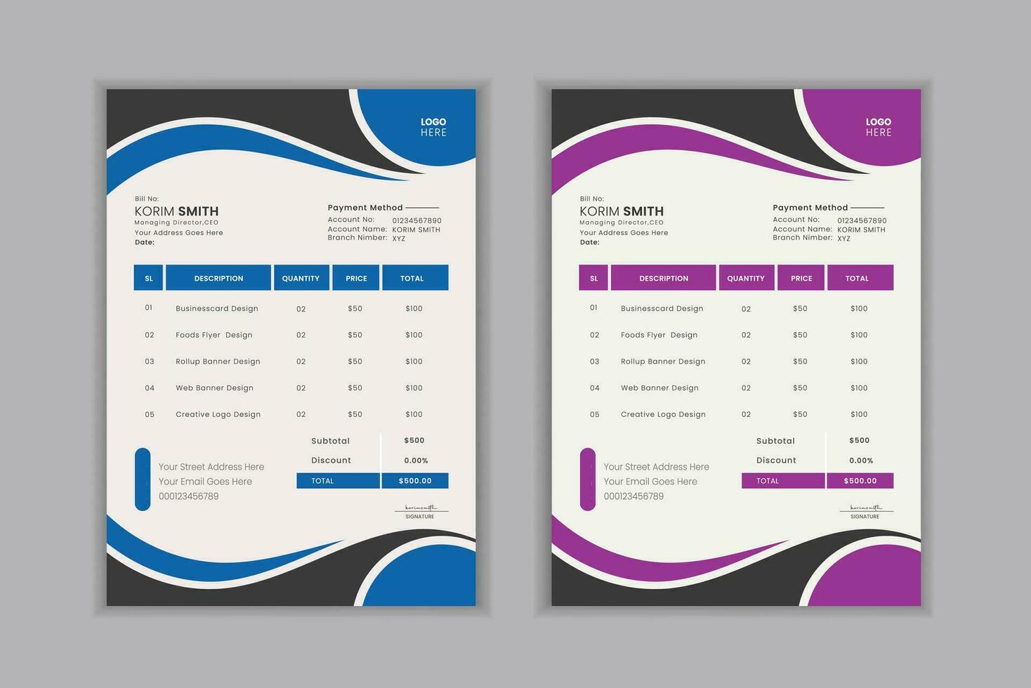 Minimal Corporate Business Invoice design for corporate office. Invoicing quotes, vector