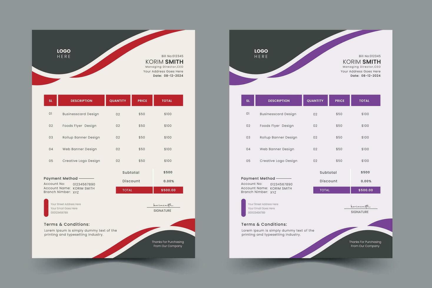 Minimal Corporate Business Invoice design for corporate office. Invoicing quotes, vector