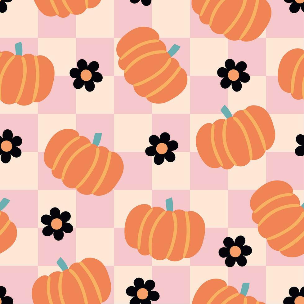 Fall checkered pattern. Pumpkin digital paper. Fall seamless file. Halloween background. Retro halloween pattern vector