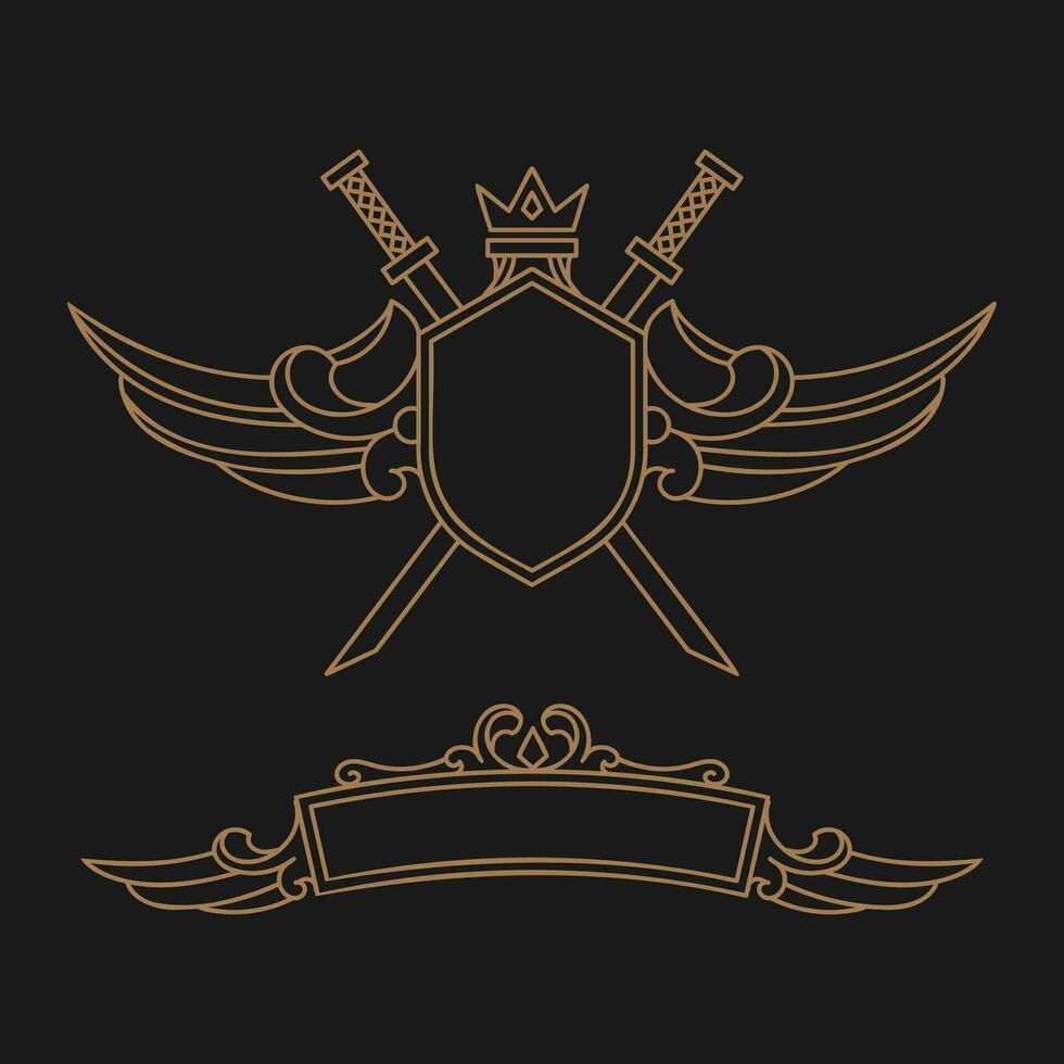 Heraldic composition with crown, sword, wings and shield. - Vector. vector