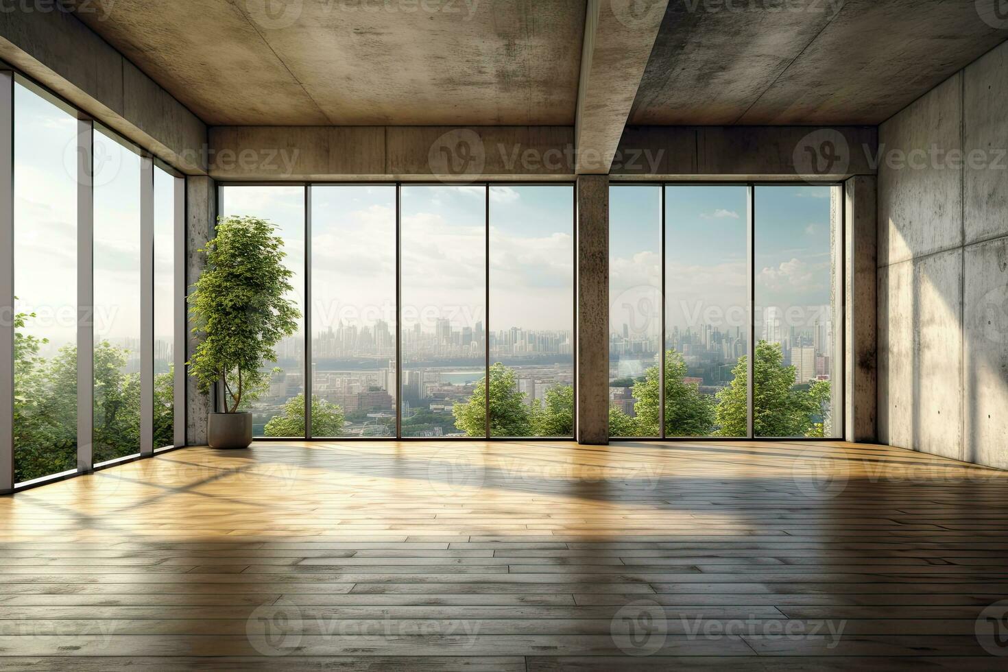 Empty room with panoramic window and mountain view. Generative AI
