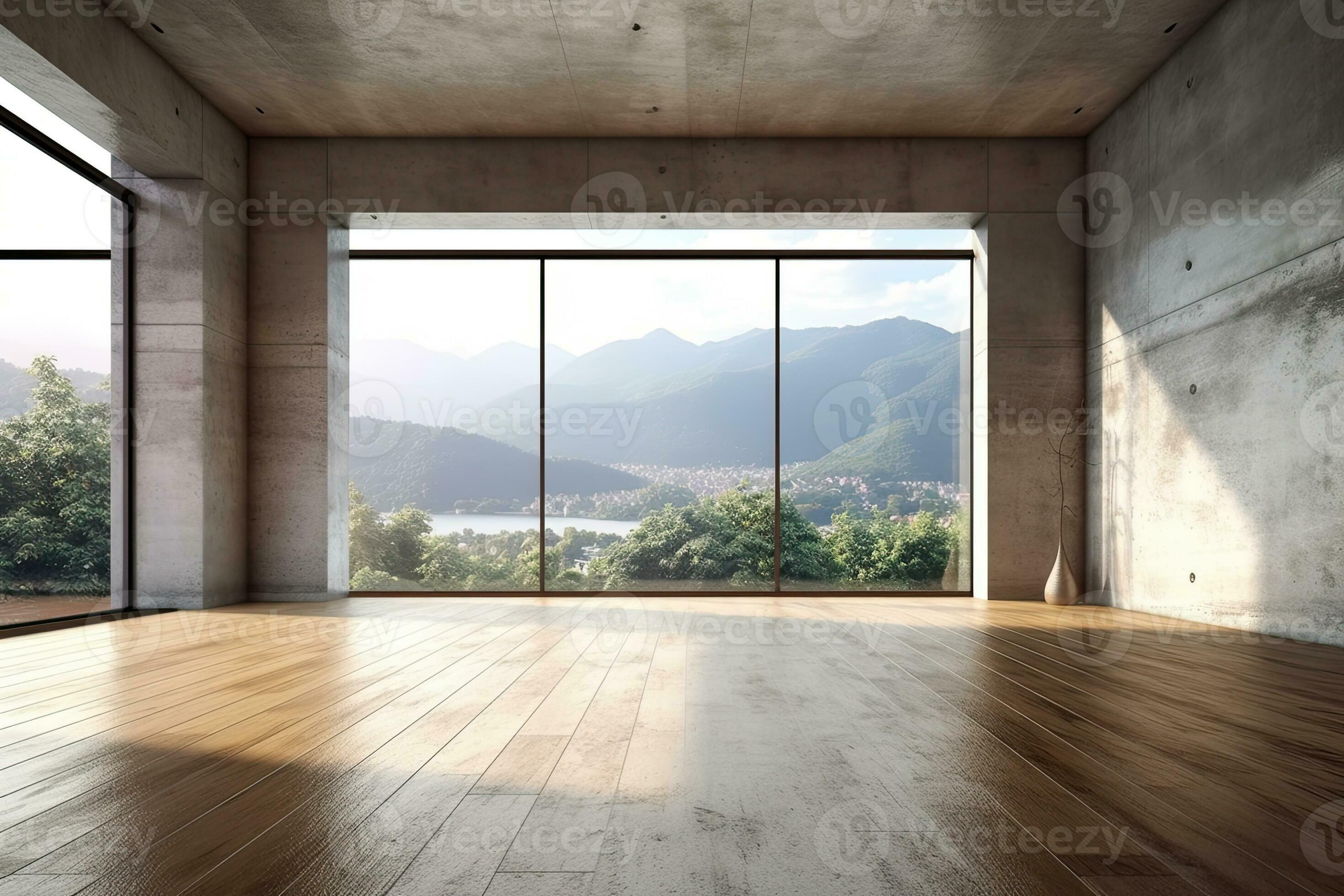 Empty room with panoramic window and mountain view. Generative AI