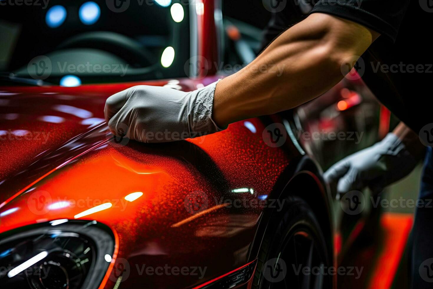 Close up of a auto body mechanic buffing a scratch on sports car. Generative AI photo