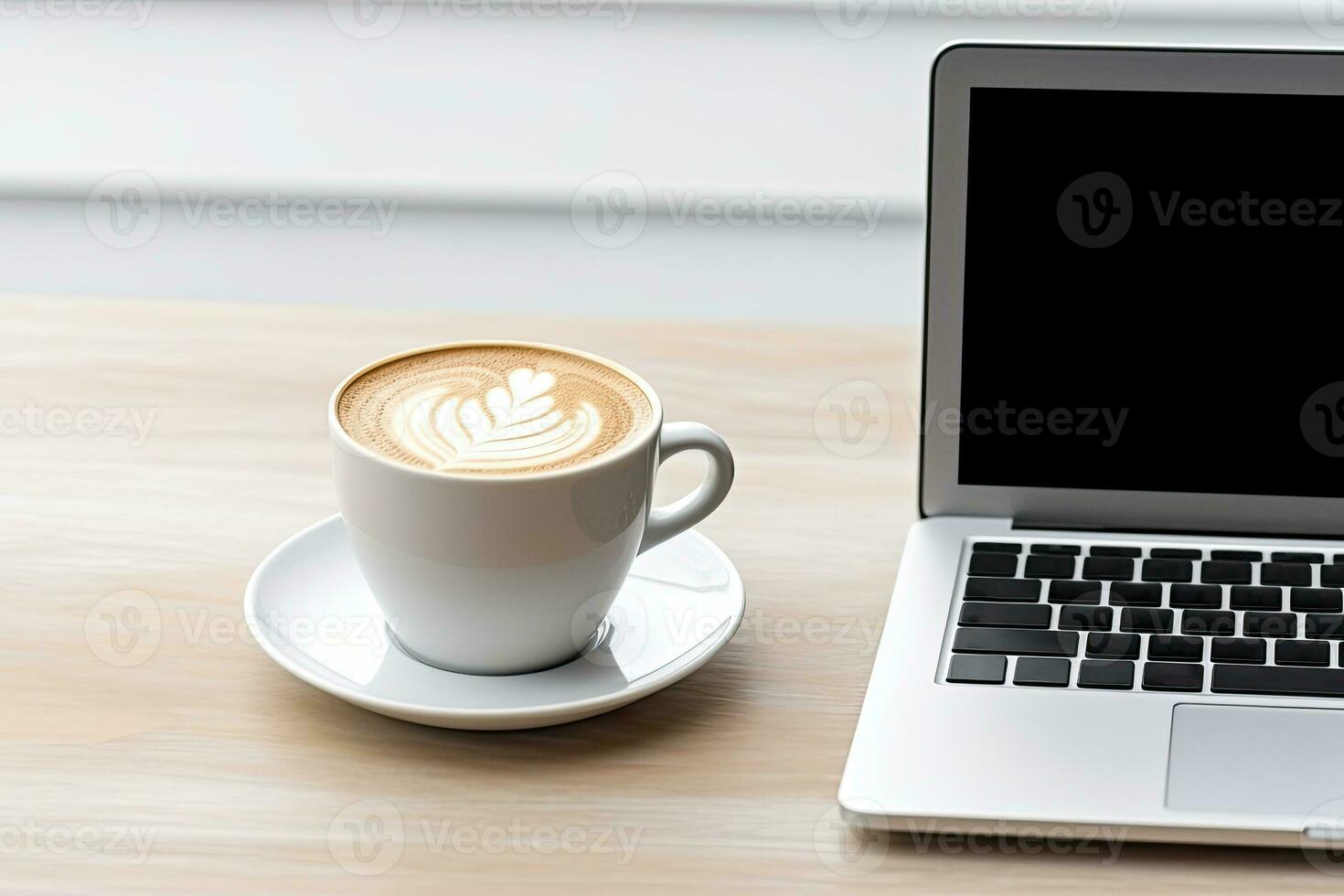 Laptop and coffee cup on black background. Top view with copy space. Generative AI photo