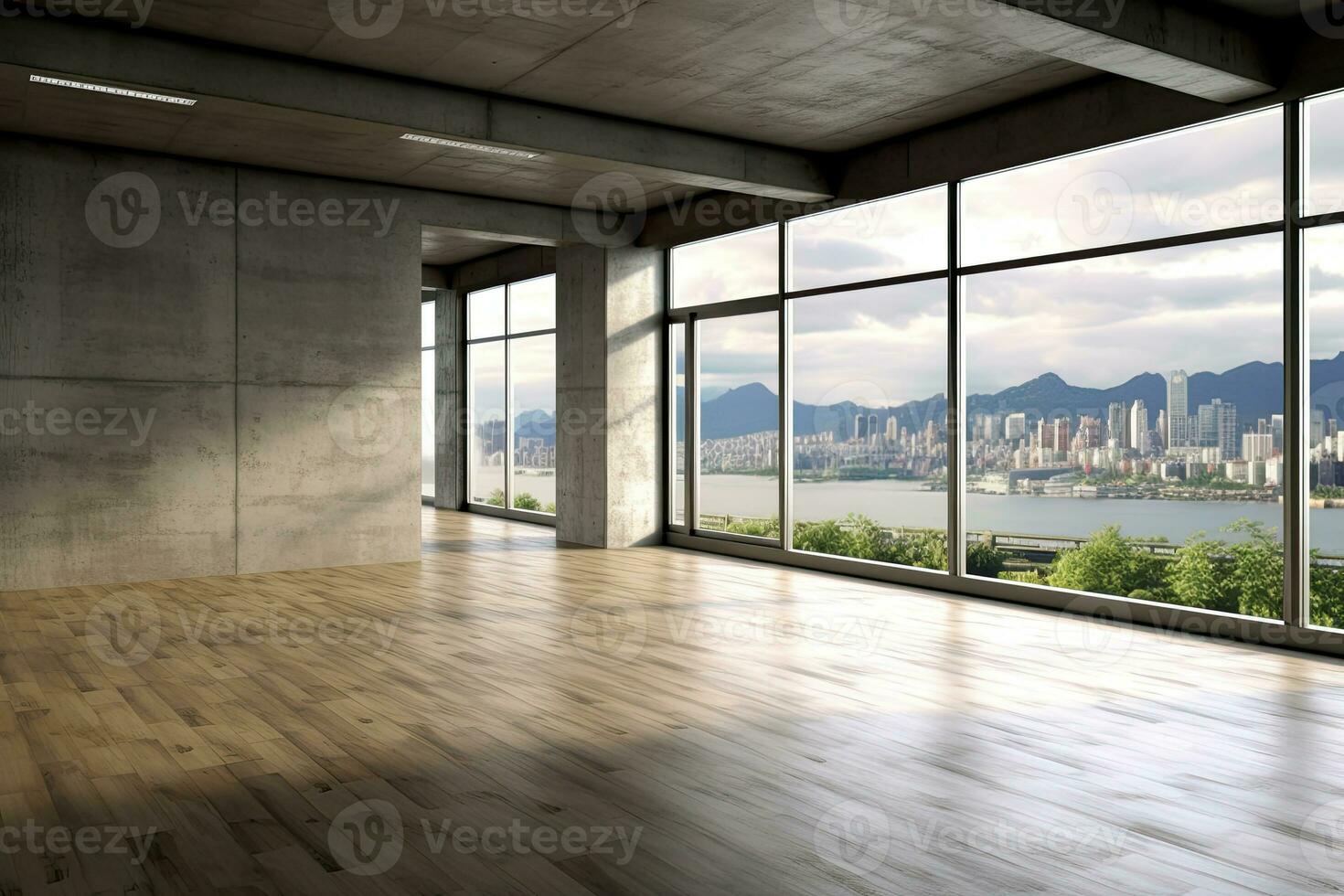 Empty room with panoramic window and mountain view. Generative AI photo