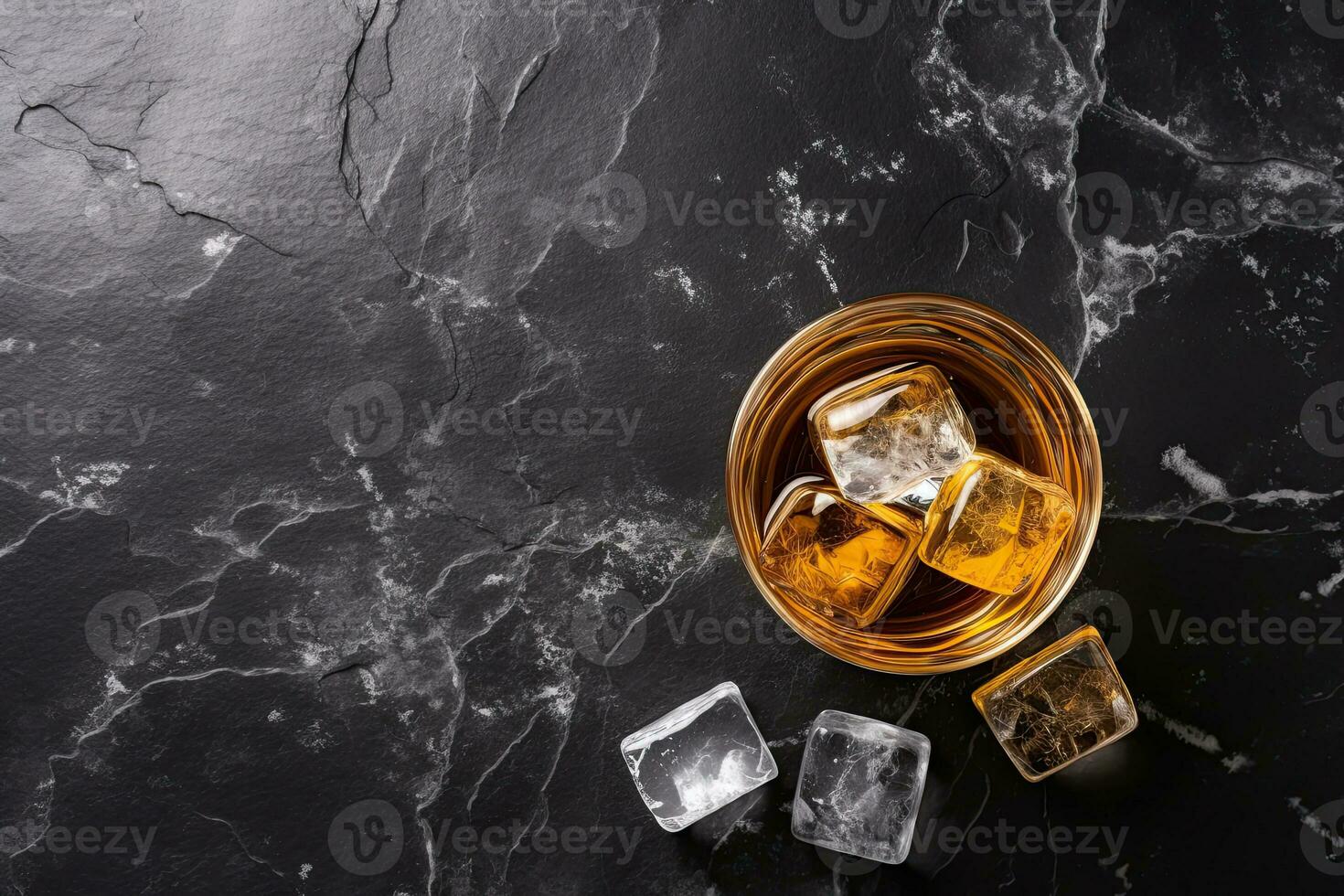 Whiskey with ice cubes on black marble background, top view.  Generative AI photo