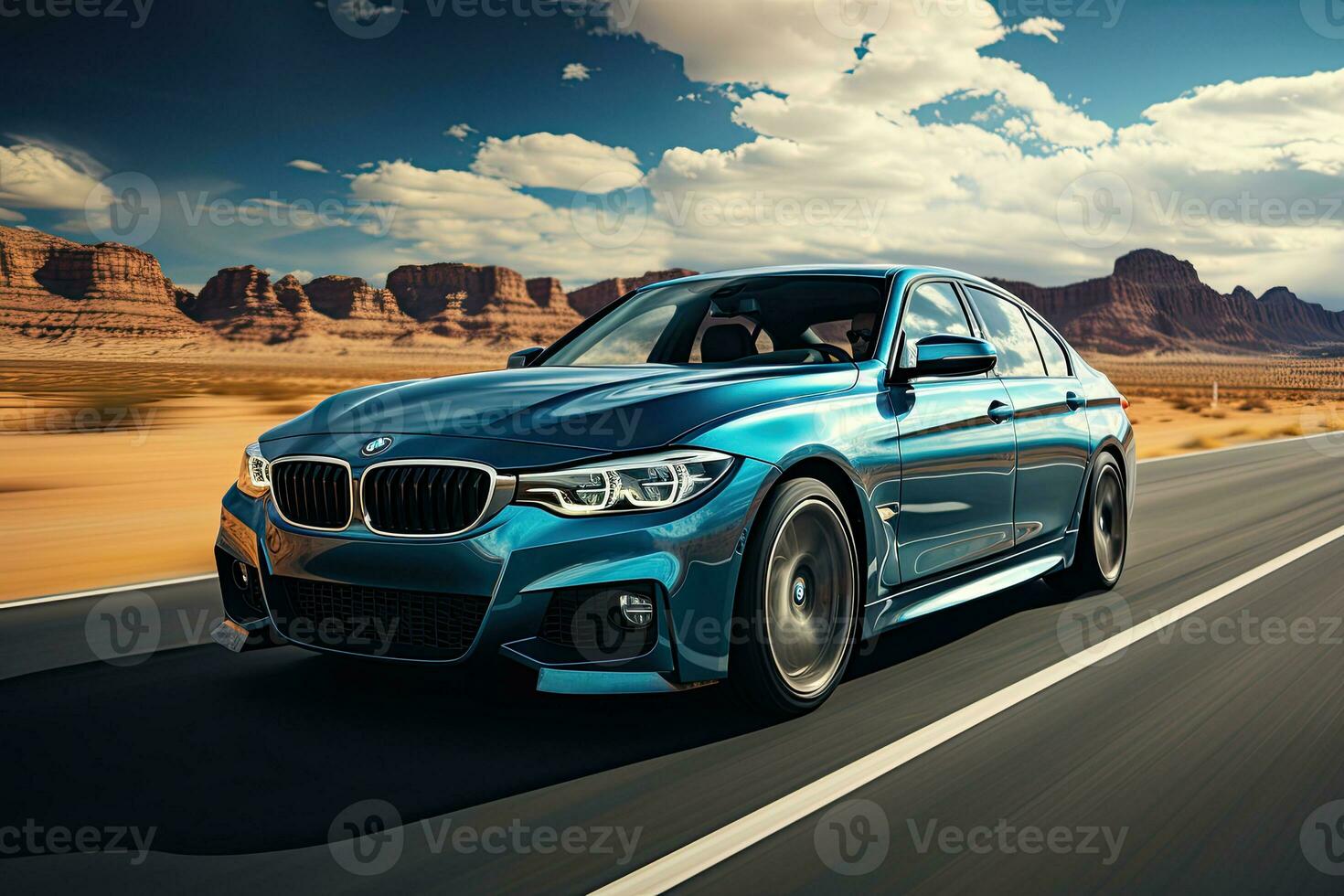 Sports car on the road at sunset with blur effect. Generative AI photo