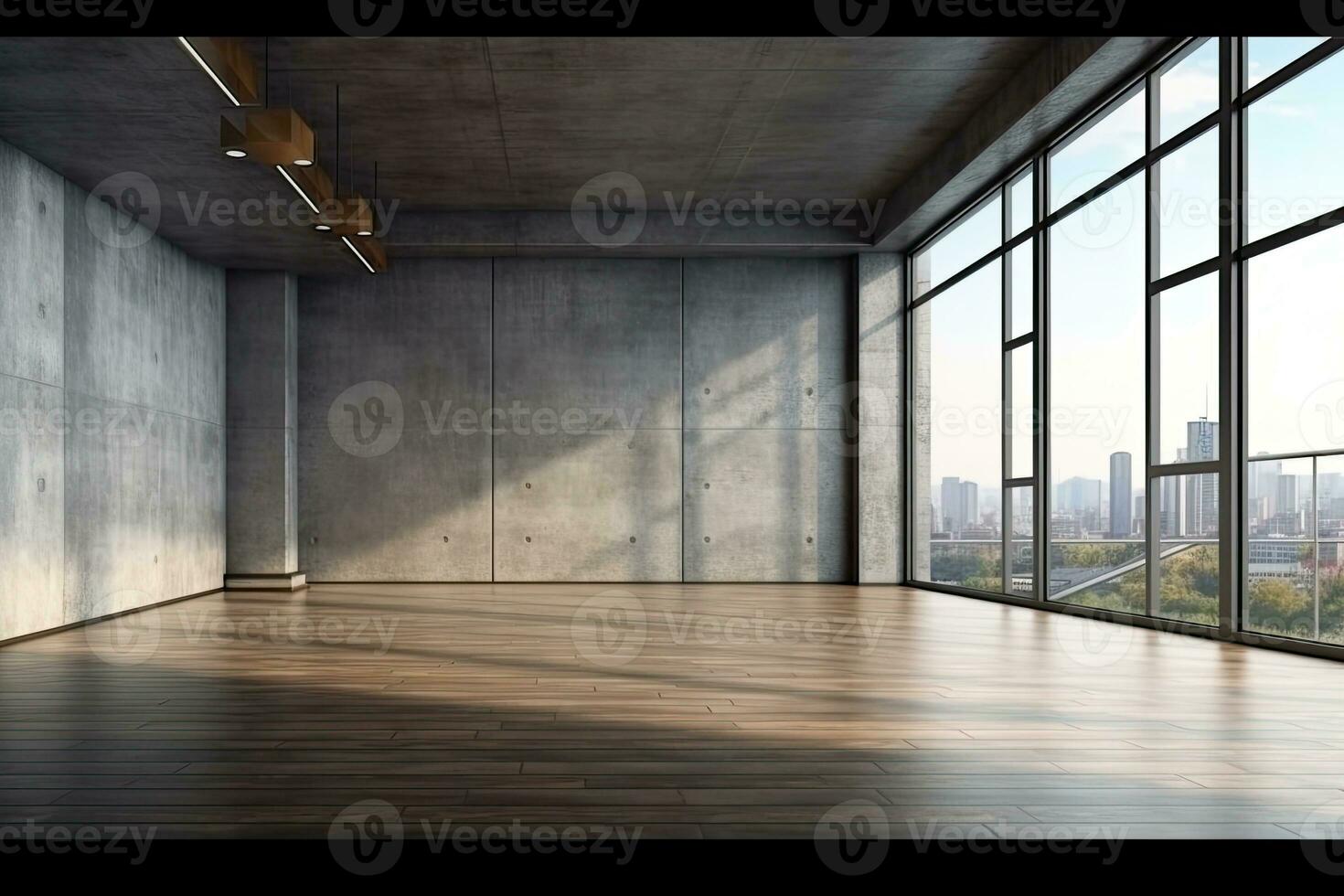 Empty room with panoramic window and mountain view. Generative AI photo