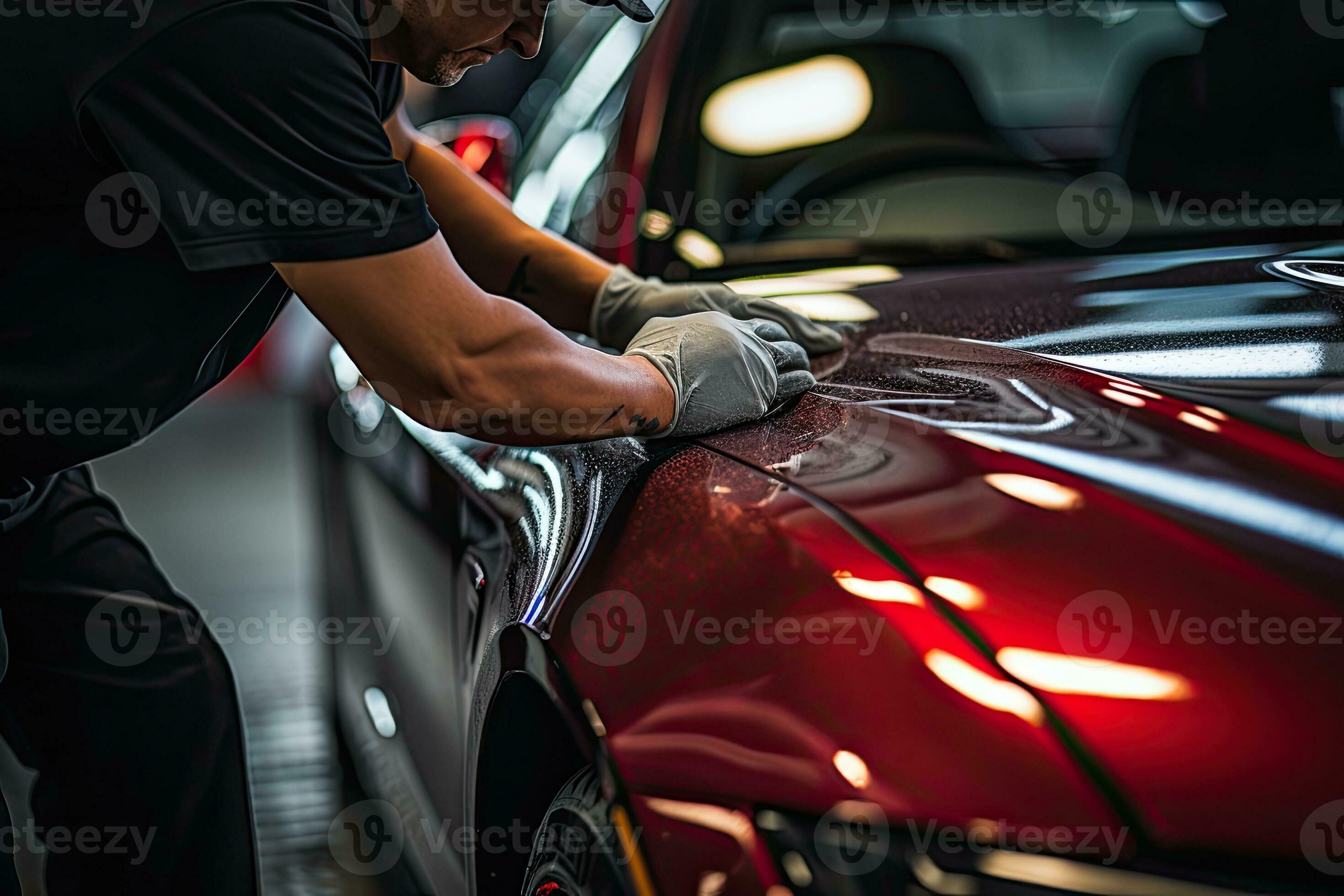 Close up of a auto body mechanic buffing a scratch on sports car. Generative AI 28214800 Stock