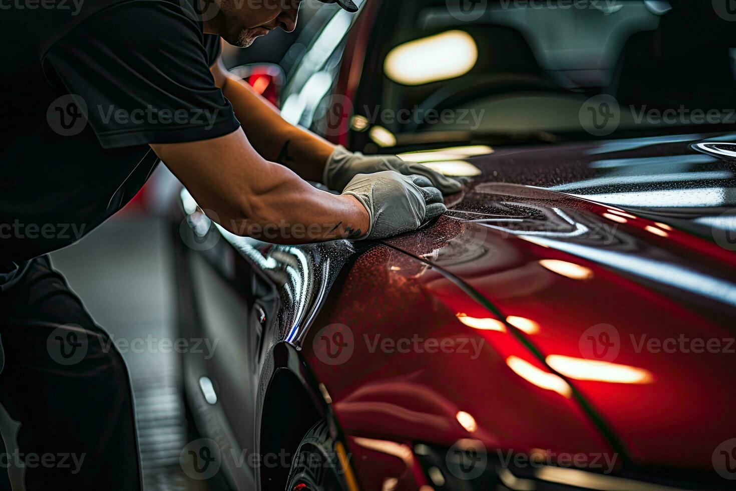 Close up of a auto body mechanic buffing a scratch on sports car. Generative AI photo