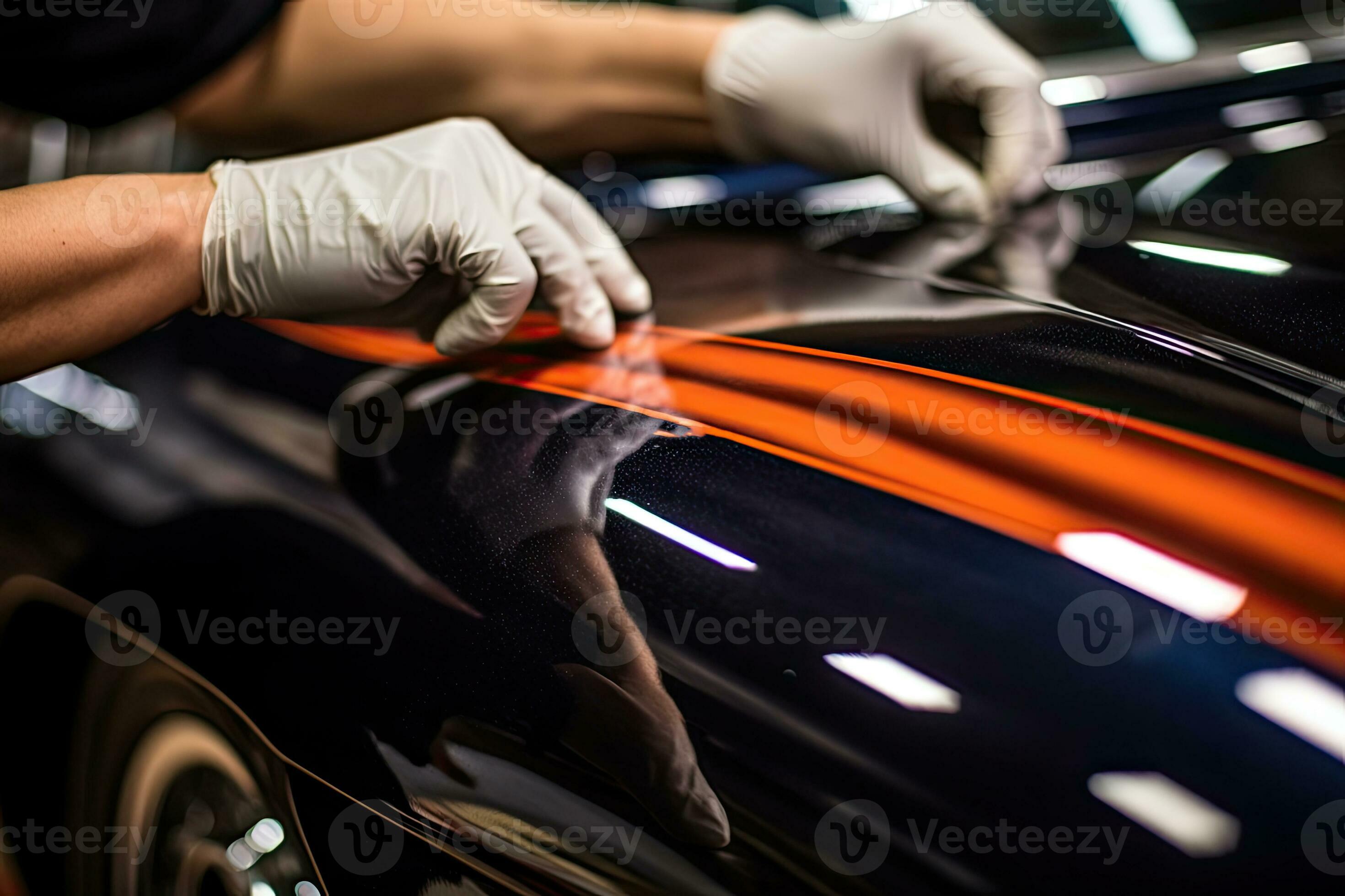 Close up of a auto body mechanic buffing a scratch on sports car. Generative AI 28214804 Stock