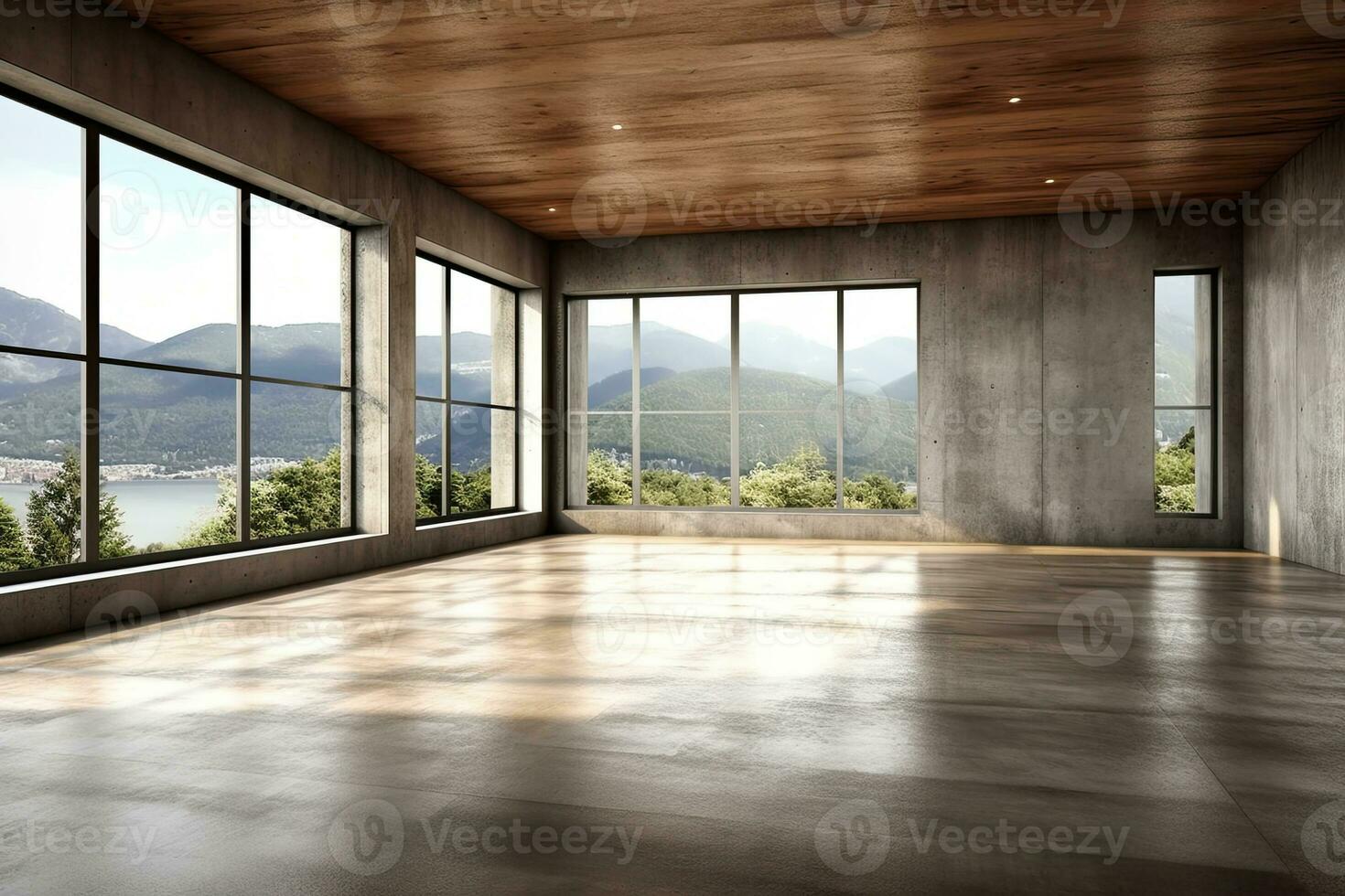 Empty room with panoramic window and mountain view. Generative AI
