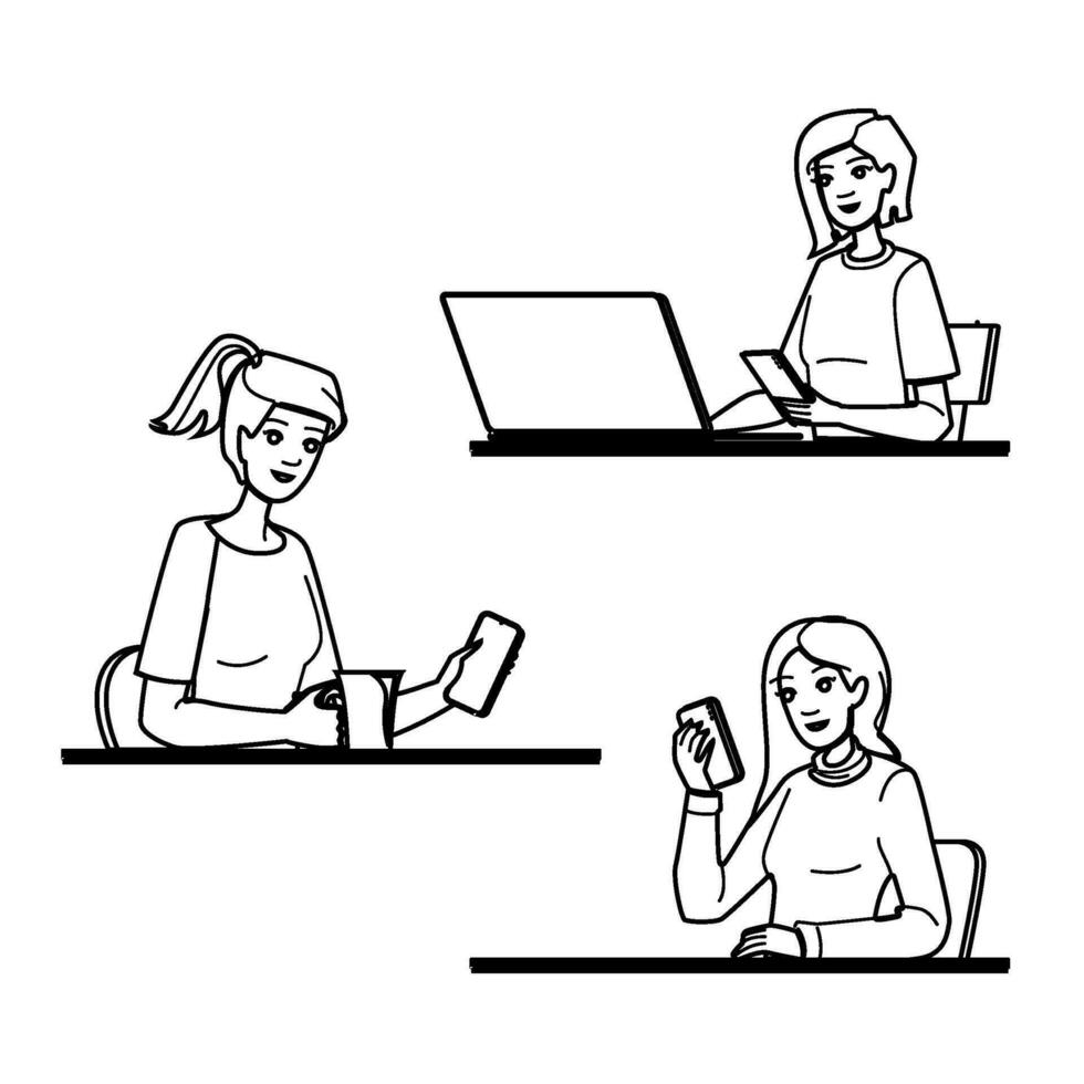 technology woman using phone table vector
